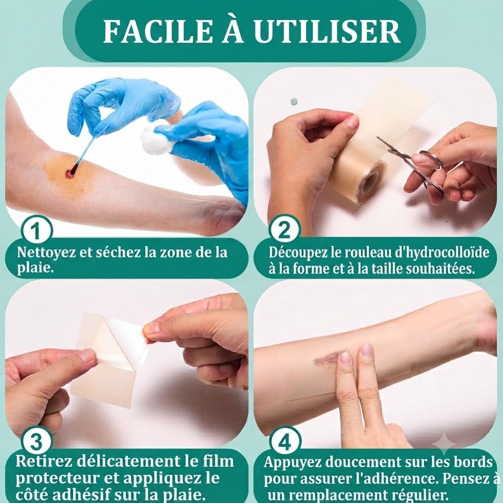 Quatre étapes pour appliquer un pansement hydrocolloïde : nettoyer la plaie, découper le pansement, retirer le film protecteur, appliquer.