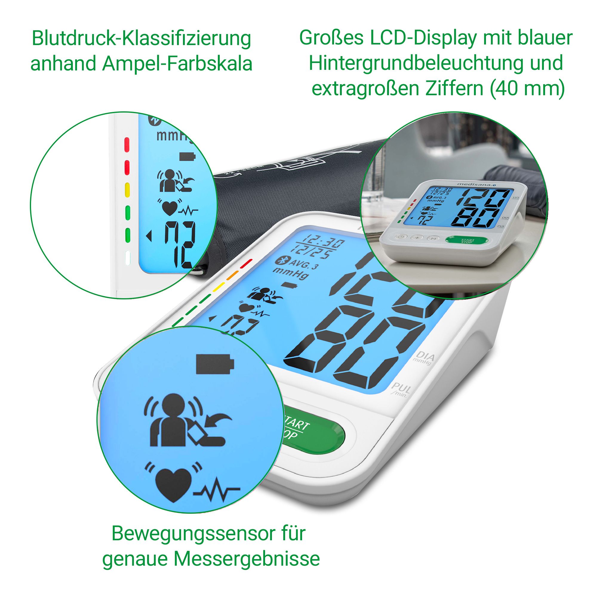 Medisana bloeddrukmeter: LCD-scherm, stoplichtschaal, bewegingssensor-icoon.