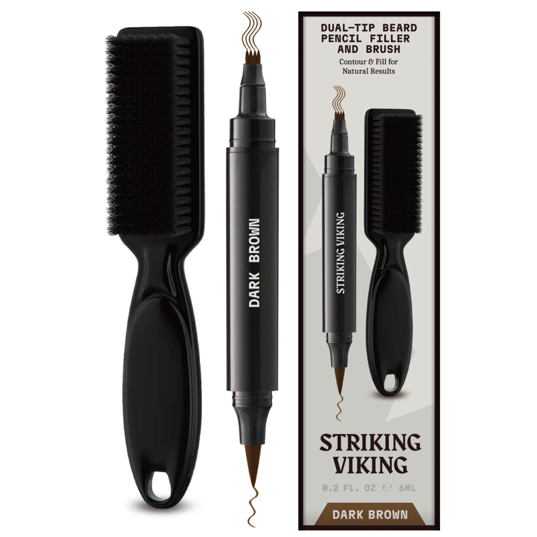 Stylo à double pointe et brosse. Stylo brun foncé avec brosse. Emballage avec nom du produit et couleur.