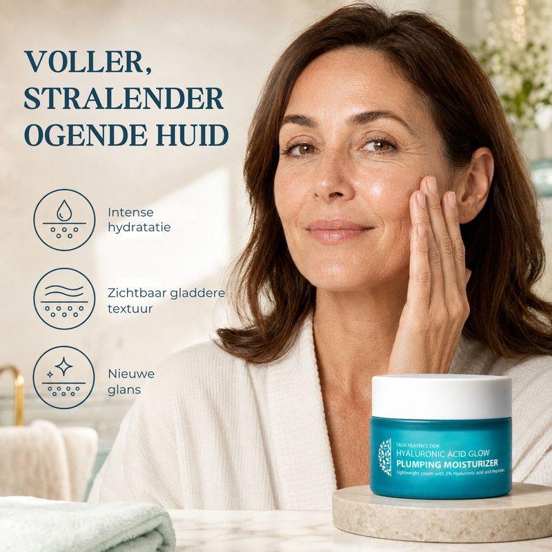 Een pot Hyaluronic Acid Glow Plumping Moisturizer. Tekst beschrijft ingrediënten: Hyaluronzuur, Peptide-complex, Vitamine E.