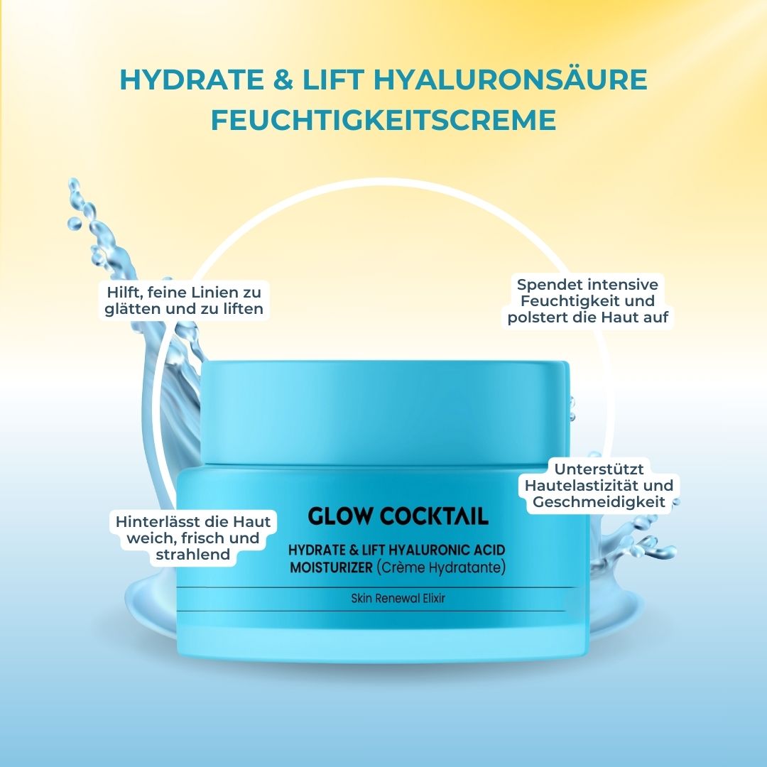 Pot turquoise avec couvercle. Inscription : Glow Cocktail, Hydrate & Lift Hyaluronic Acid Moisturizer. Jets d'eau.
