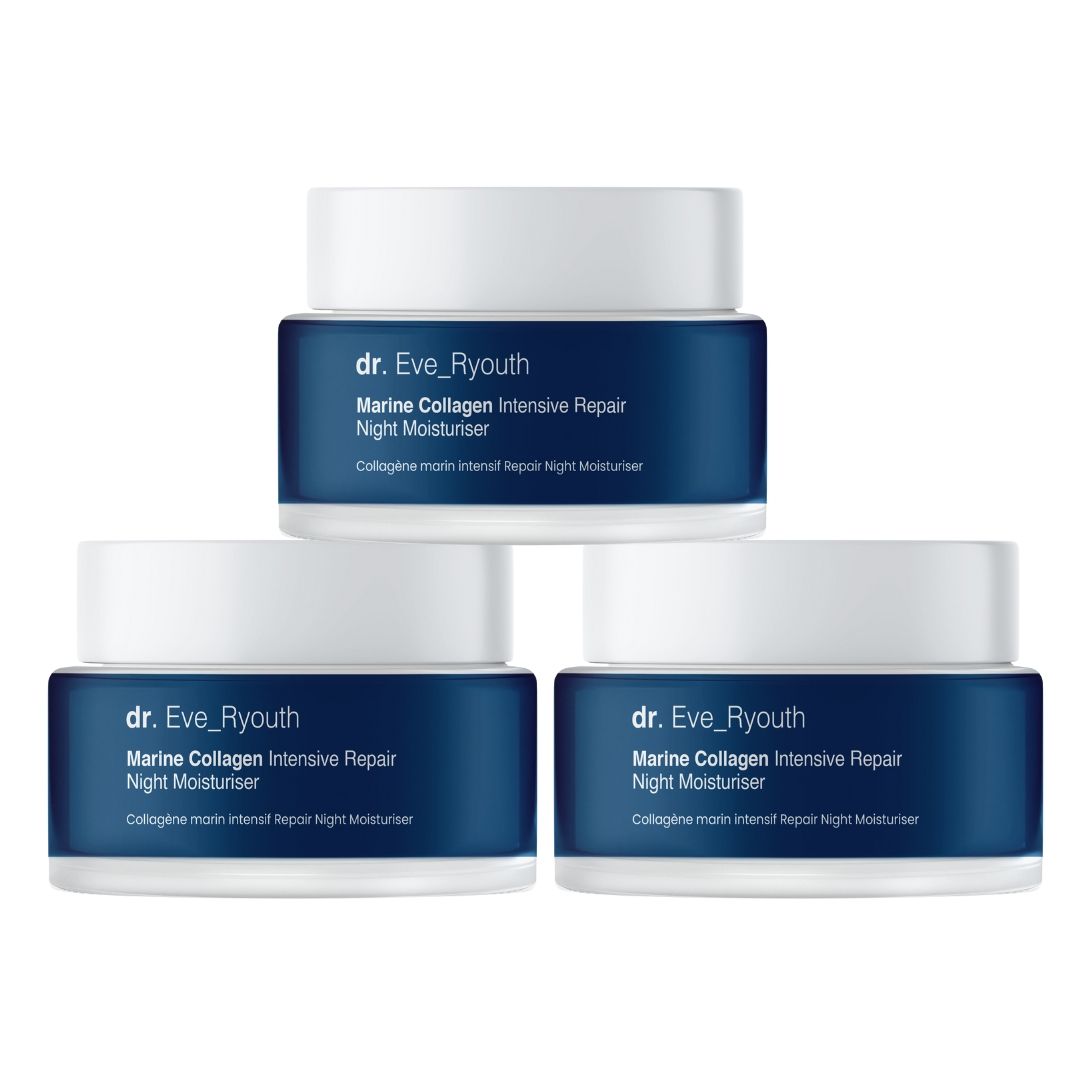 Drie potten met deksels. Op de potten staat "dr. Eve_Ryouth Marine Collagen Intensive Repair Night Moisturiser".