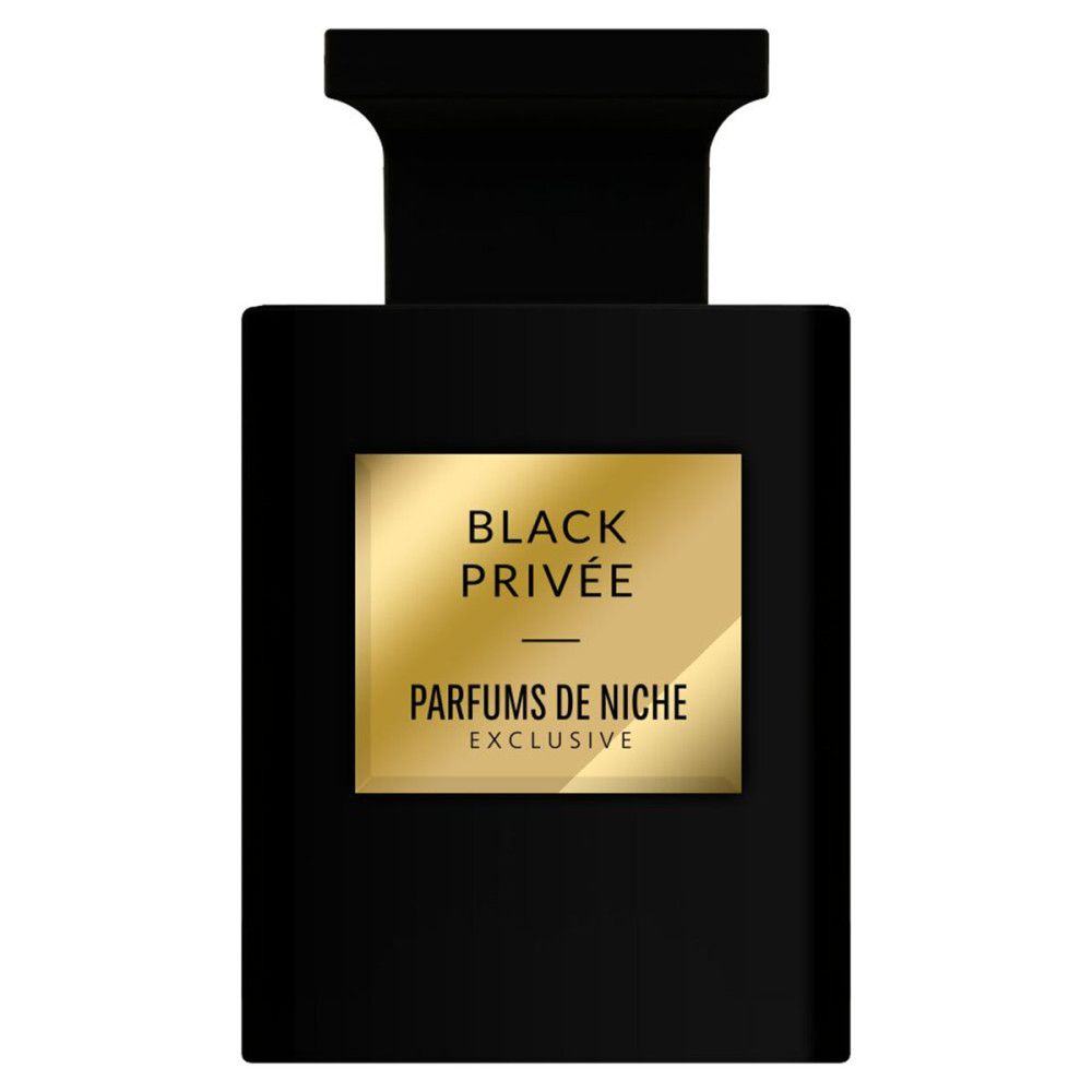 Zwarte fles. Gouden tekst: Black Privée, Parfums de Niche. Rechthoekige vorm, zwart design.