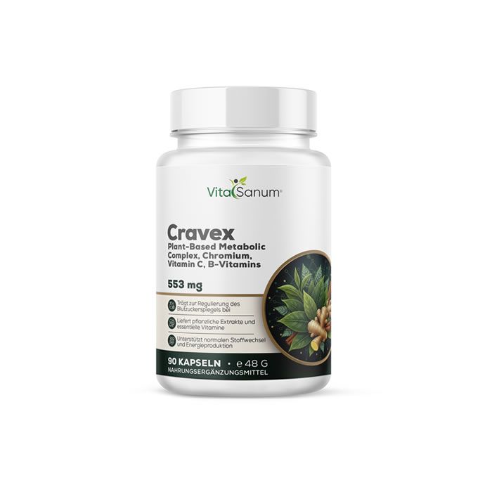 Witte pot met VitaSanum Cravex capsules, 553 mg, 90 capsules.