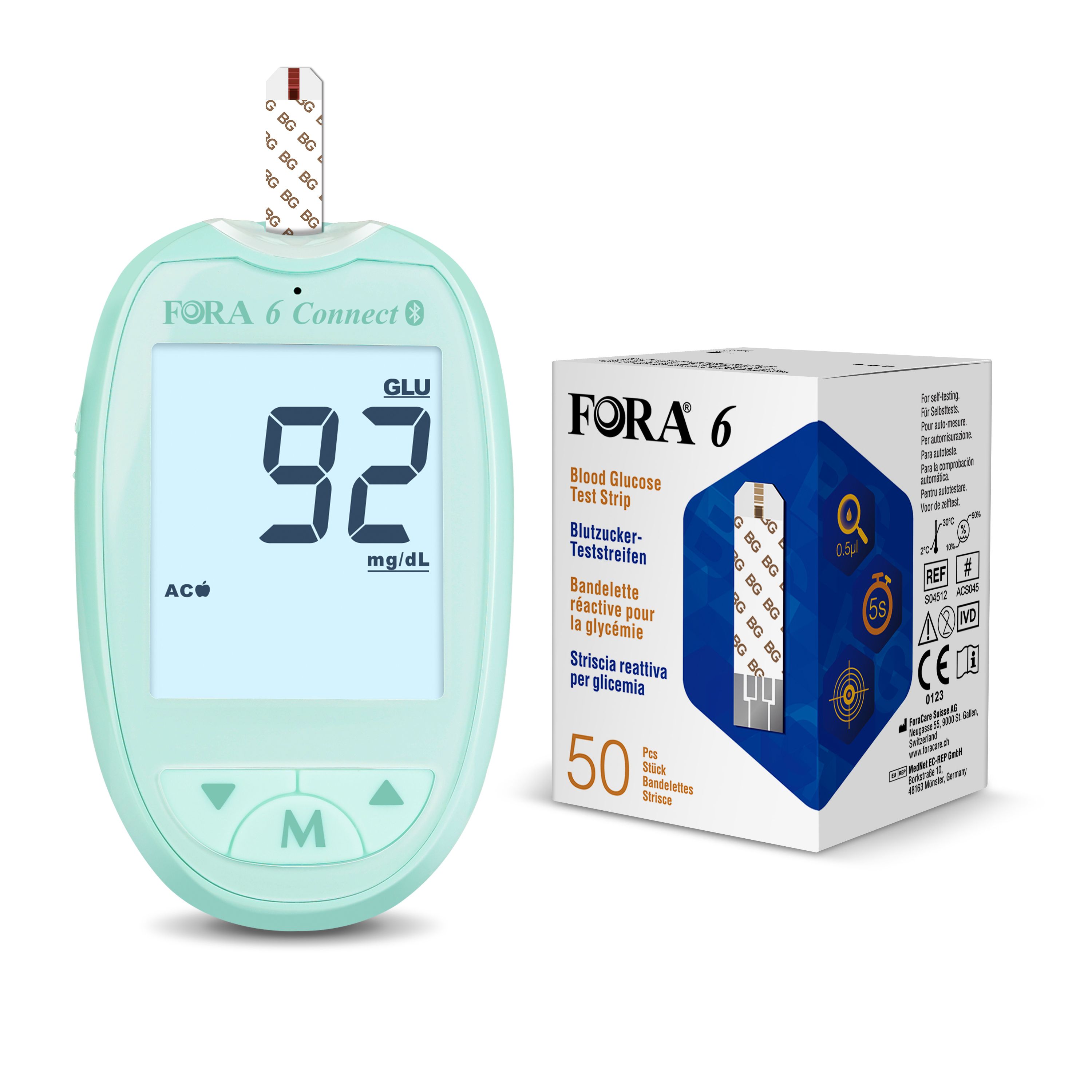 Glucosemeter met display, teststrip en verpakking. Weergave: 92 mg/dL. Verpakking met 50 strips.