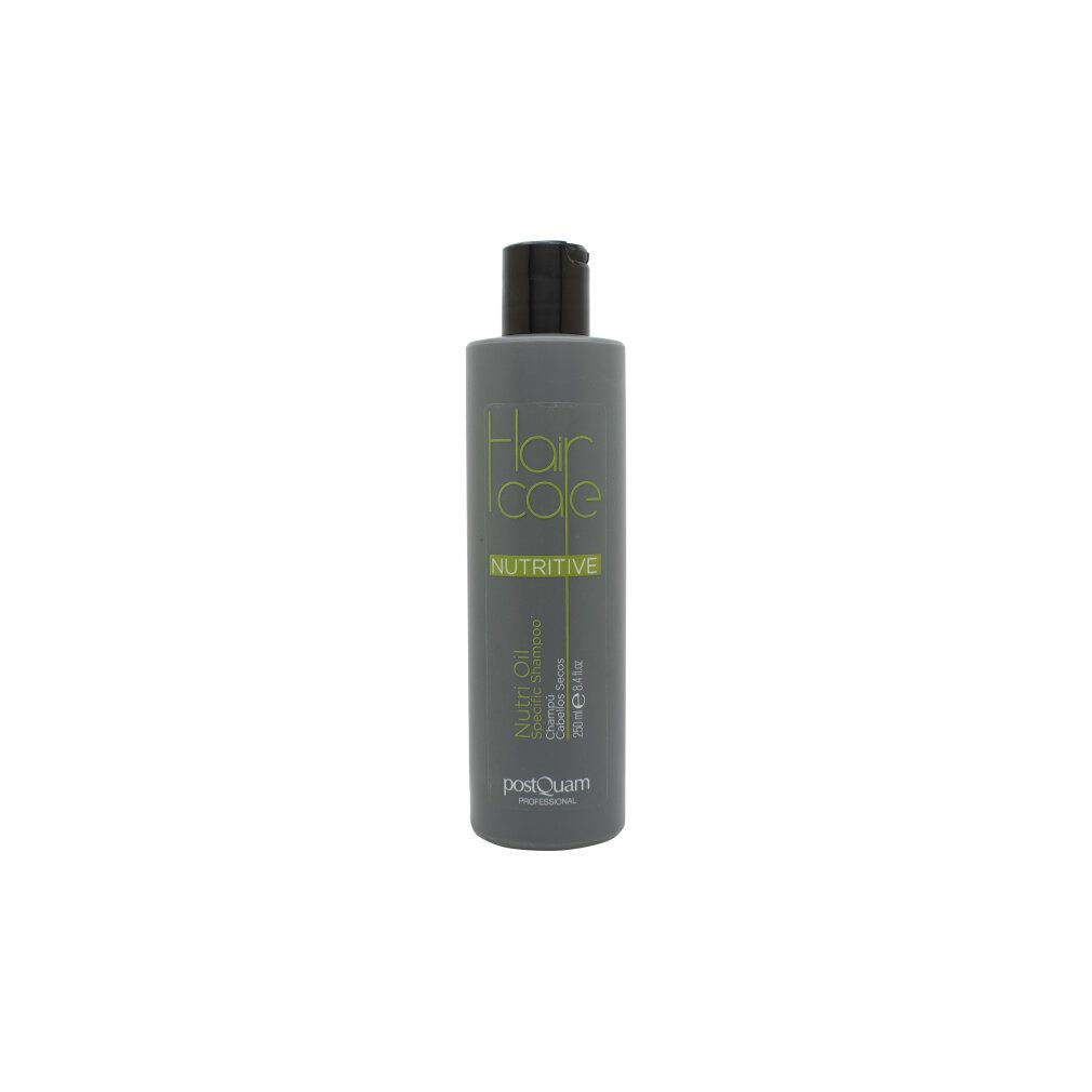 Grijze fles met zwarte dop. Opschrift: Hair Care Nutritive, Nutri Oil Conditioner. Merk: Postquam Professional.