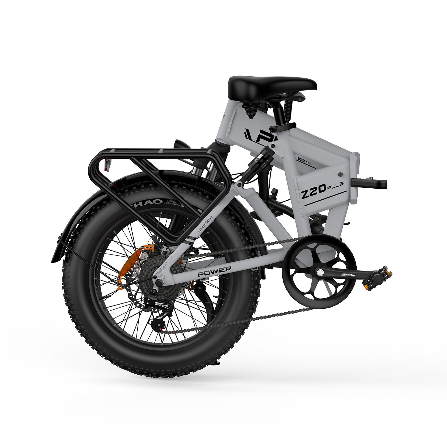 Gevouwen grijze e-bike met zwarte banden en bagagedrager. Opschrift: PVY Z20 Plus.