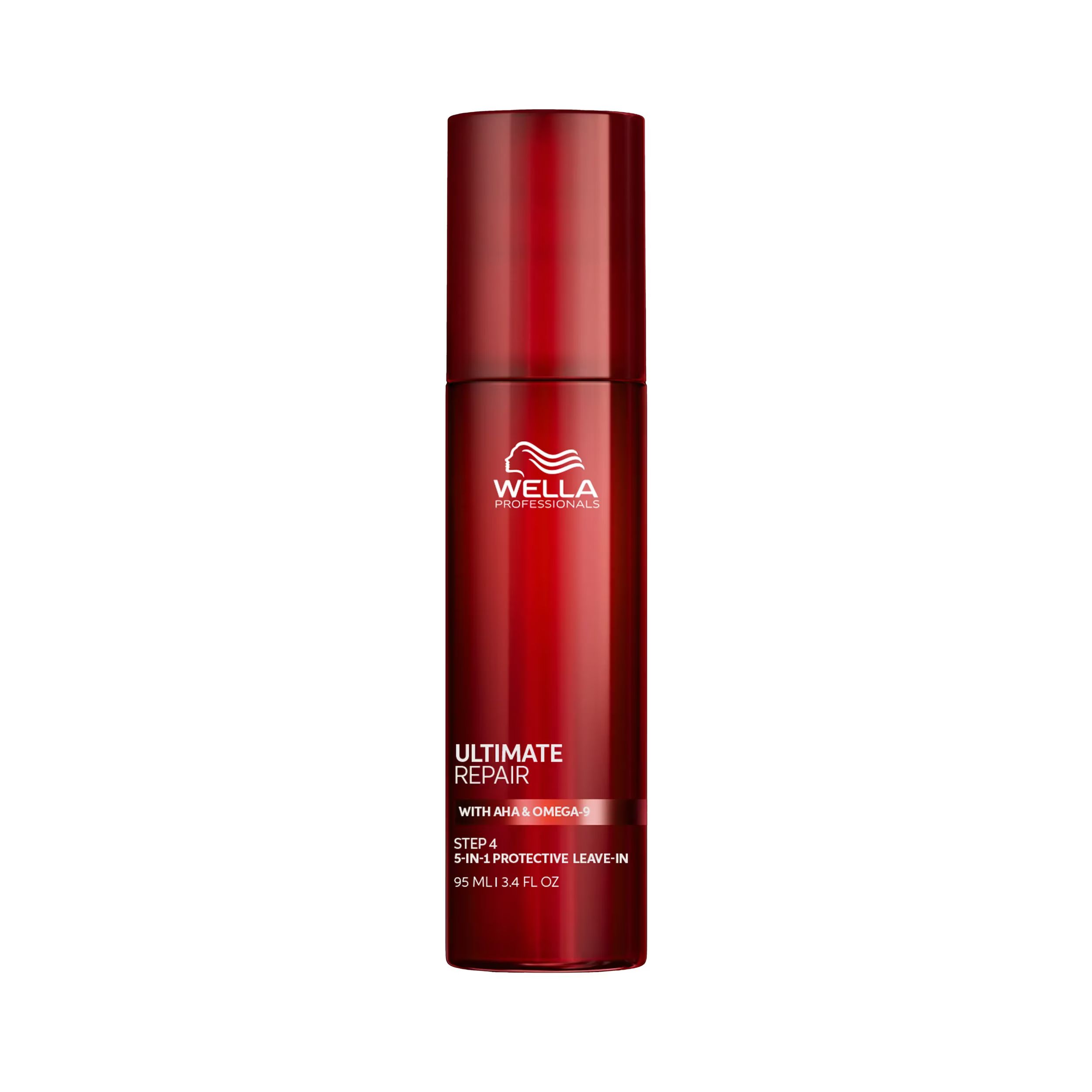 Flacon rouge. Inscription : Wella Professionals, Ultimate Repair, Protective Leave-In. 95 ml, 3,4 fl oz. Bouchon noir.