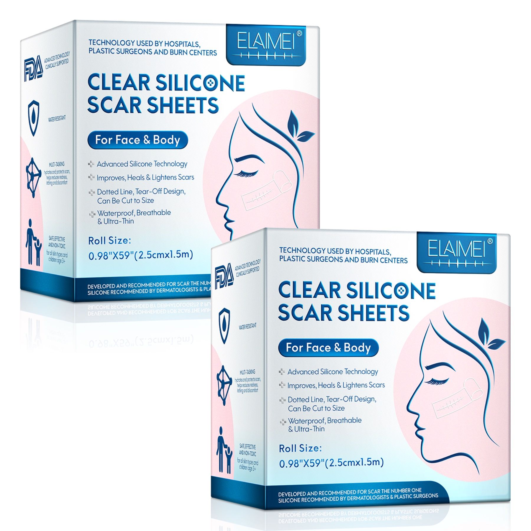 Twee verpakkingen ELAIMEI Clear Silicone Scar Sheets. Witte dozen met blauwe afbeeldingen en productinformatie. Rolgrootte: 0,98"x59".