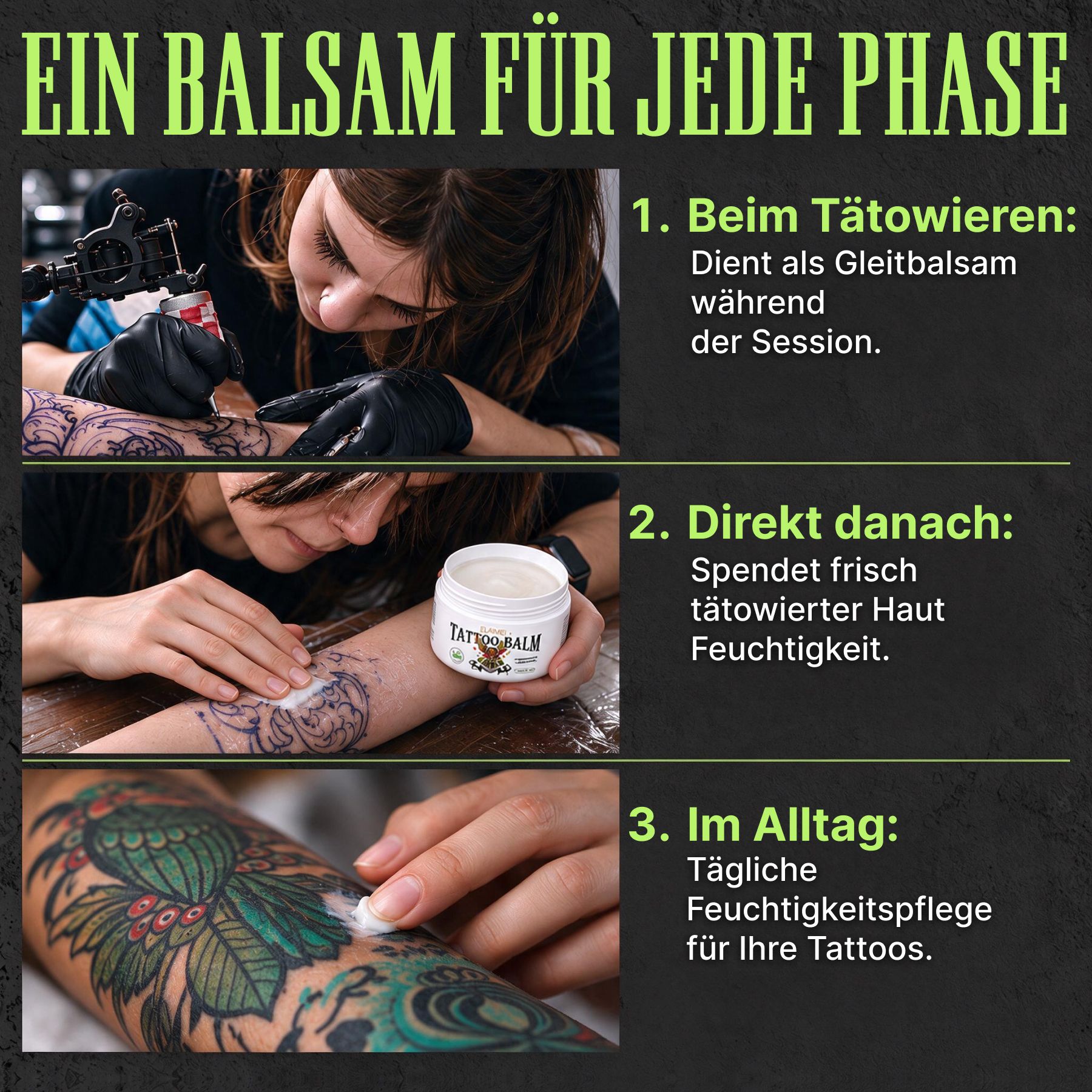 Gebruik van ELAIMEI Tattoo Balm: tijdens tatoeëren, direct erna, dagelijkse verzorging.