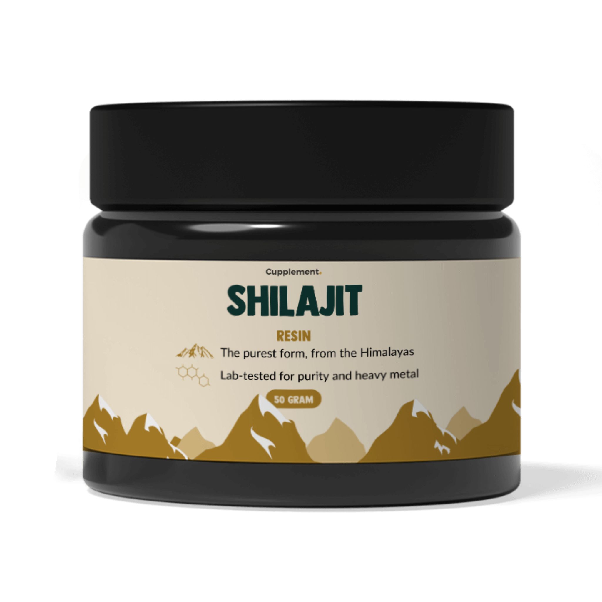 Pot noir avec étiquette. Inscription: Shilajit Resin, 50 grammes. Forme la plus pure de l'Himalaya.