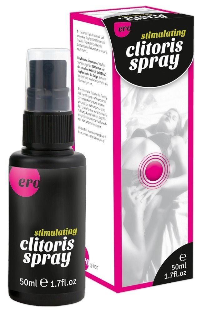 Productset: Ero Stimulating Clitoris Spray fles en verpakking naast elkaar.