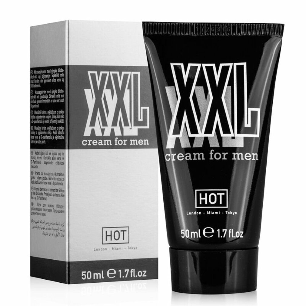Zwarte tube en doos met wit "XXL cream for men" logo. "HOT" logo en volume-aanduiding. Tekst op de doos.