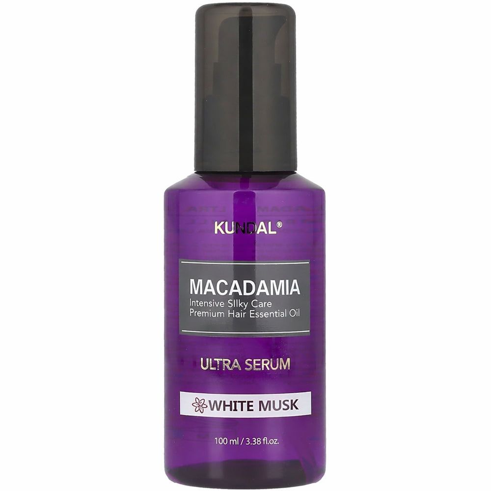 Flacon violet KUNDAL Macadamia Ultra Hair Serum White Musk avec pompe.
