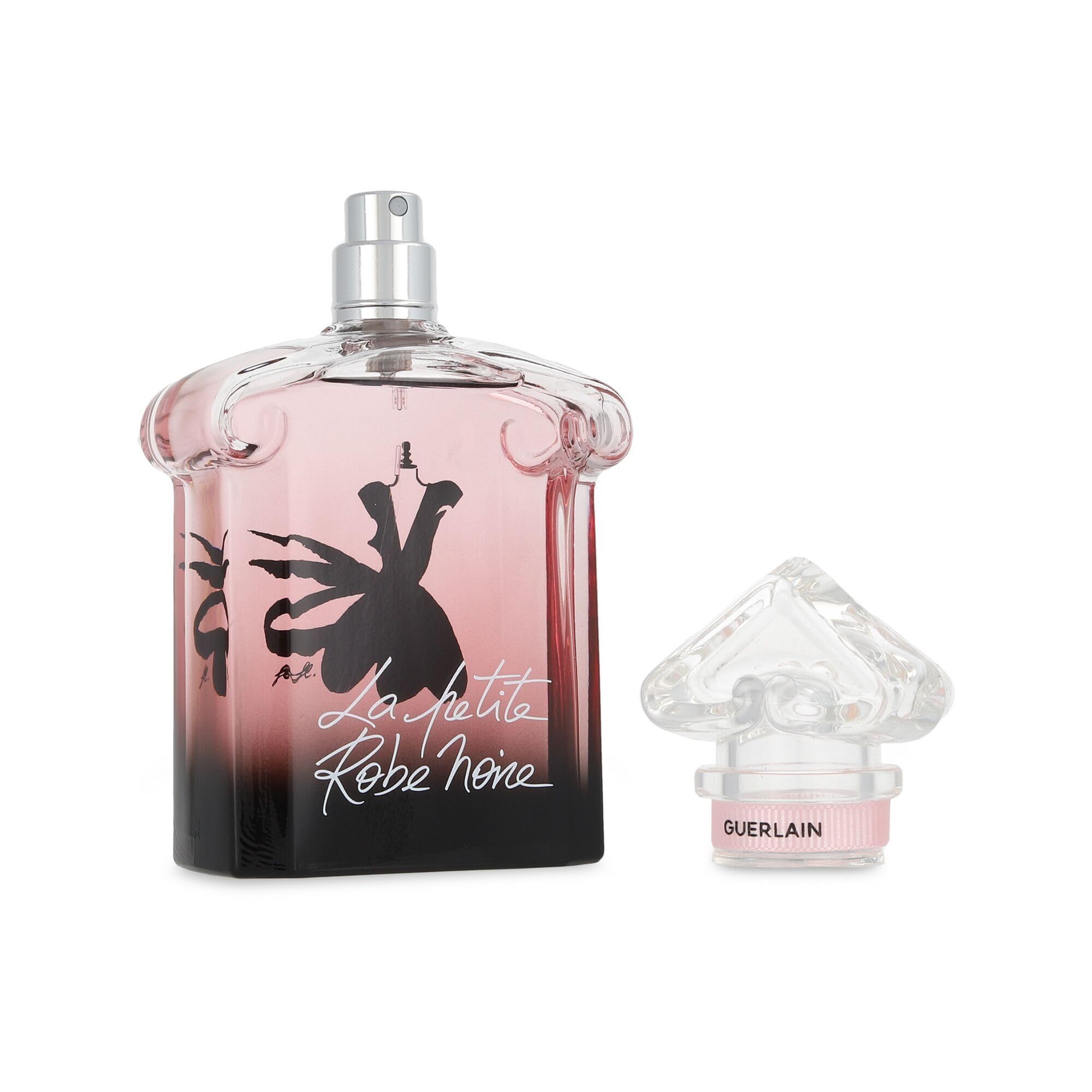 Flacon de parfum et bouchon séparé. Le flacon montre une silhouette de robe noire. Le bouchon est transparent.