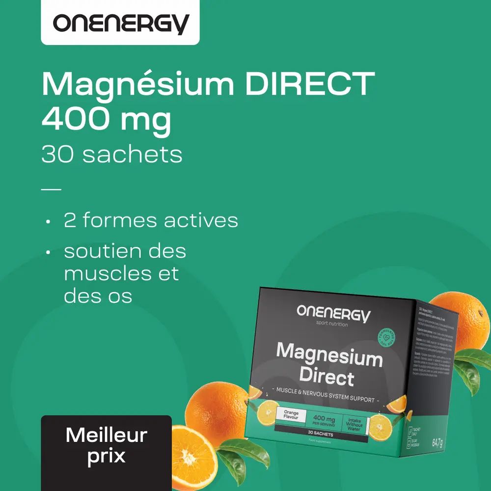 Magnésium DIRECT 400 mg, 30 sachets. 2 formes actives. Soutien des muscles et des os.