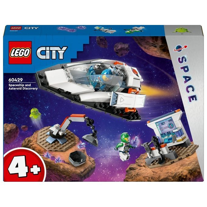 LEGO City set. Ruimteschip, robots, figuren en accessoires. Verpakking met ruimteschip illustratie. Aanbevolen leeftijd 4+.