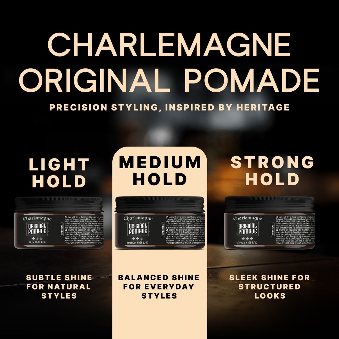 Trois boîtes avec étiquettes "CHARLE MAGNE" et "ORIGINAL POMADE", étiquette "MEDIUM HOLD".