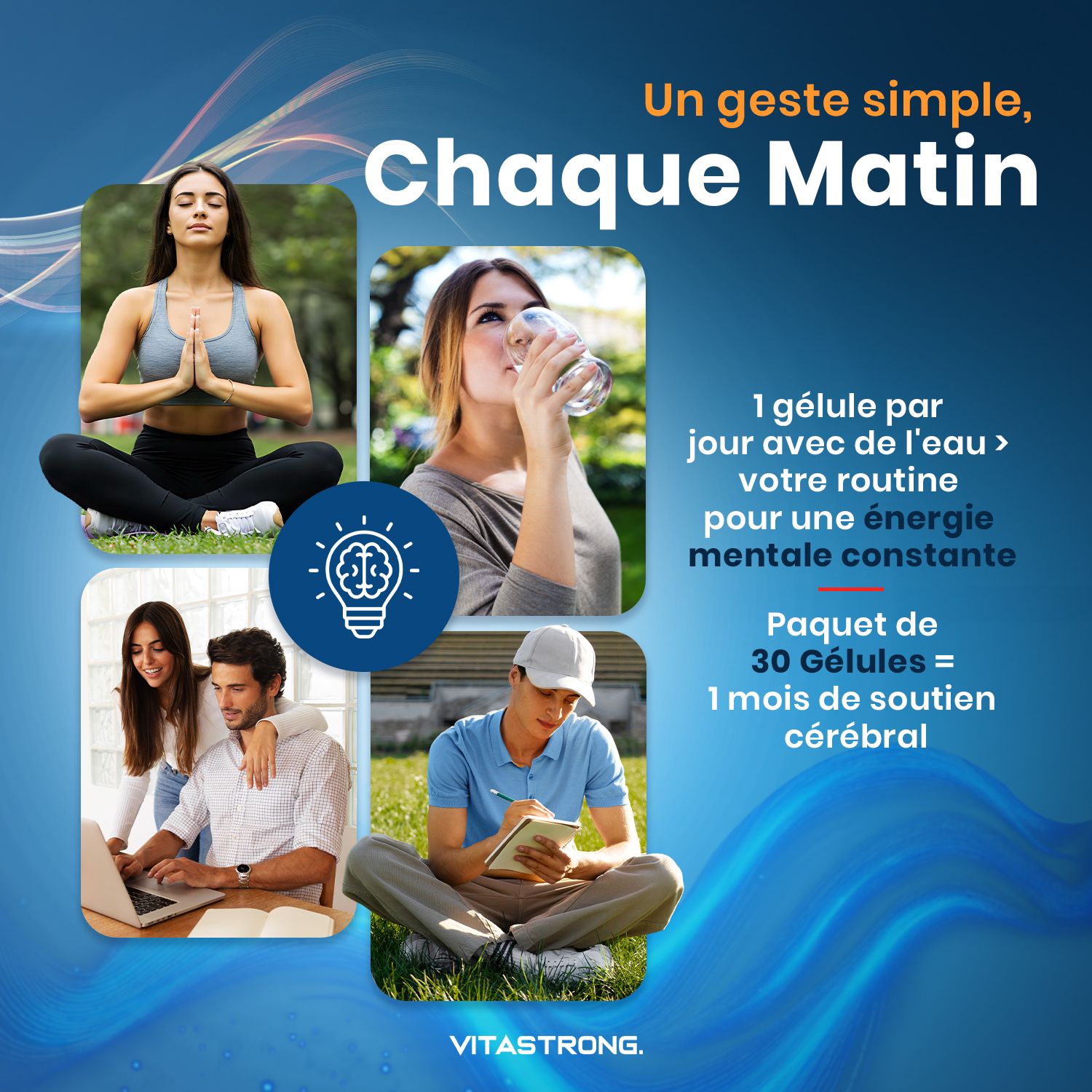 Vitastrong-advertentie. 4 afbeeldingen: yoga, drinken, laptop, notities. Tekst: 1 capsule per dag. Verpakking van 30 capsules.