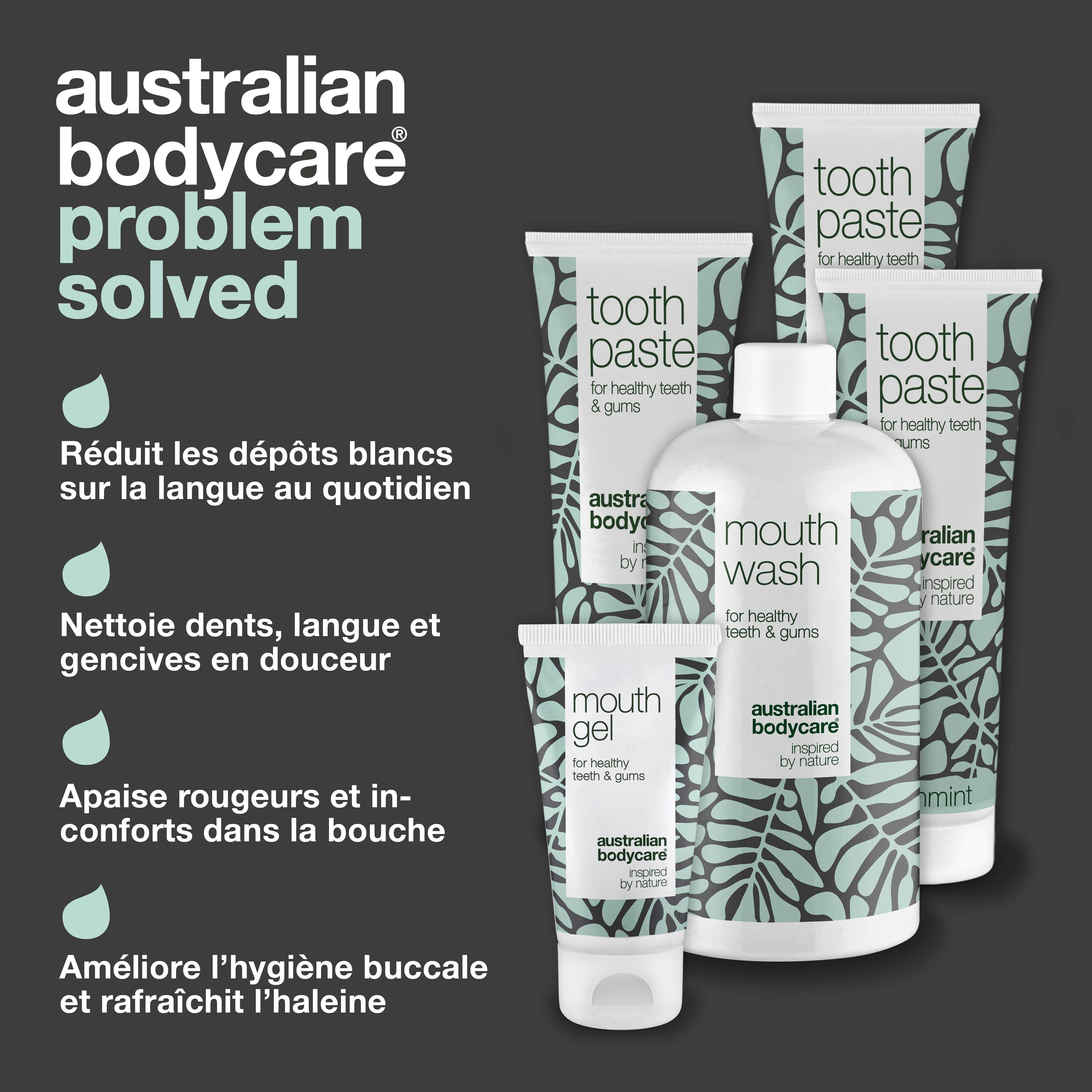 Diverses personnes avec des produits "Australian Bodycare". Soins de la peau depuis 1990. Plus de 100 000 clients satisfaits.