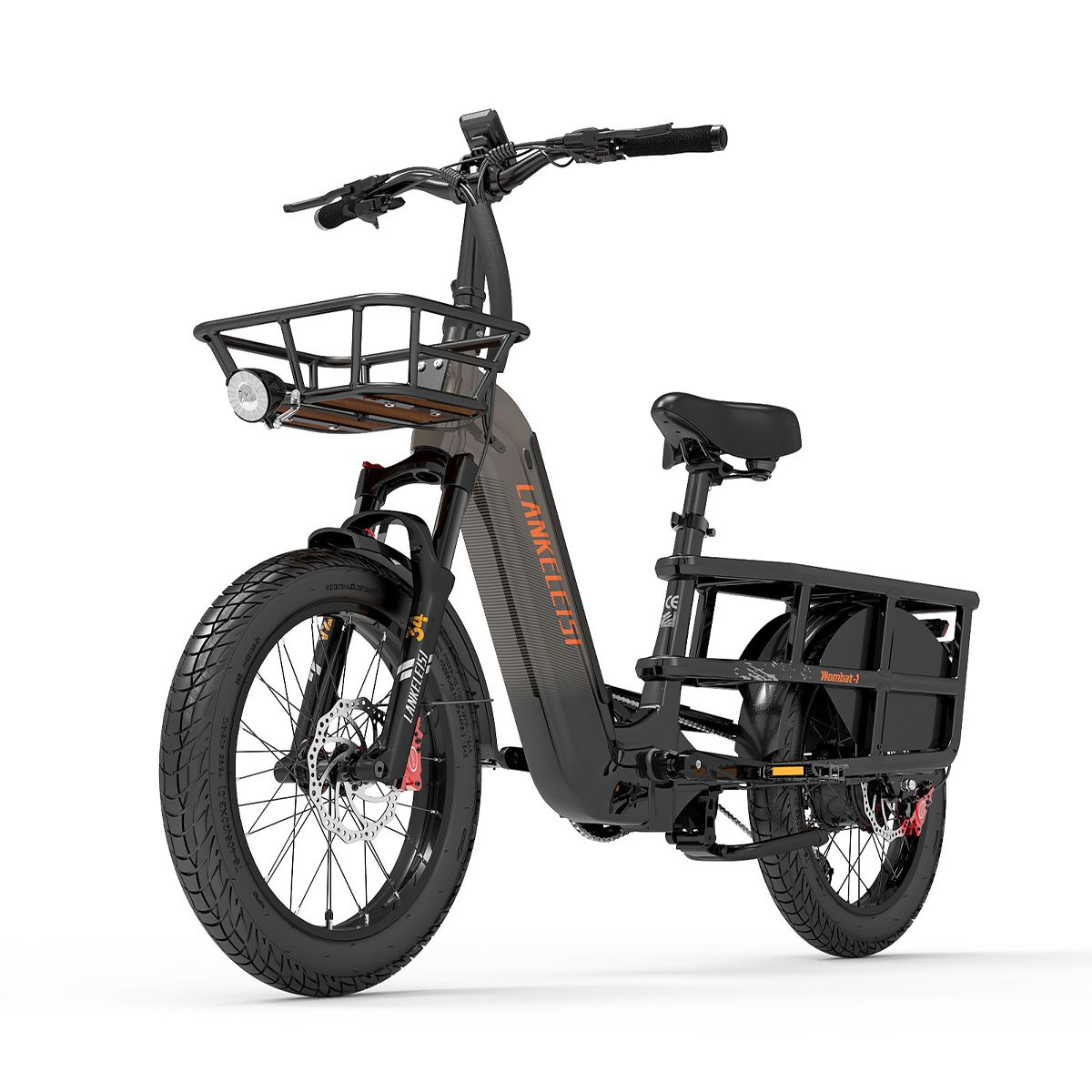 Vélo cargo électrique noir avec panier avant et porte-bagages arrière. Logo Lankeleisi. Étriers de frein rouges. Pneus noirs.