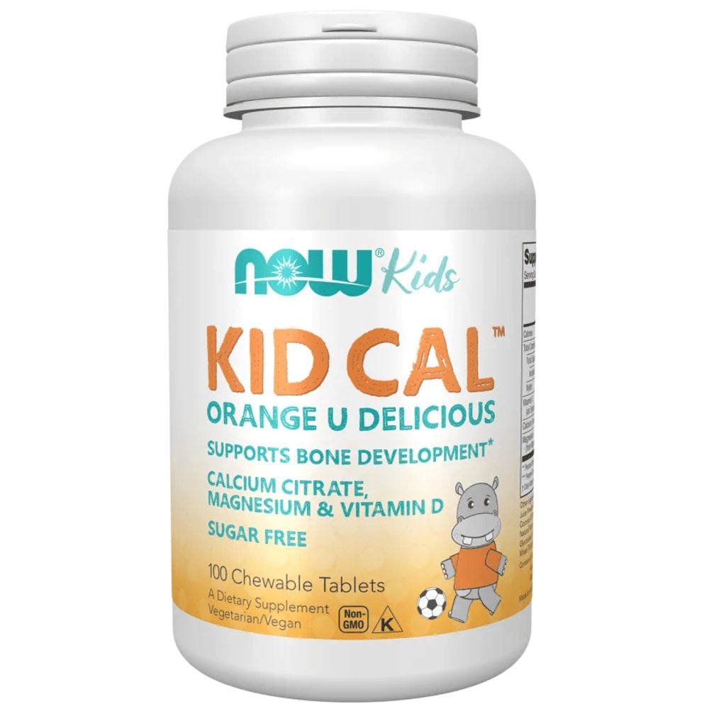 Flacon blanc avec étiquette "Now Kids Kid Cal". Contient 100 comprimés à croquer. Texte orange, illustration d'un hippopotame.