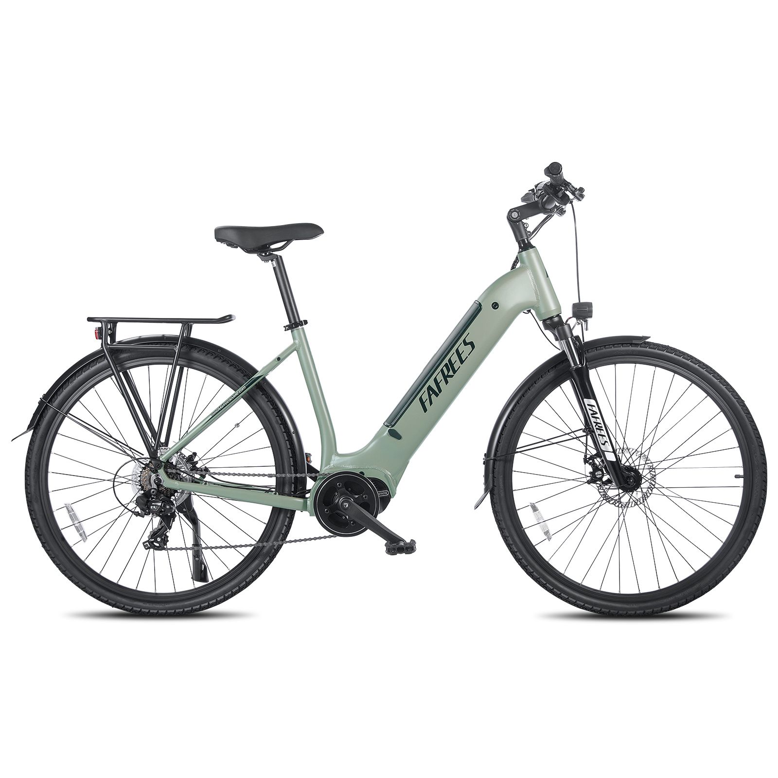 Vélo électrique de trekking vert avec porte-bagages et garde-boue. Pneus et composants noirs. Marque FAFREES.