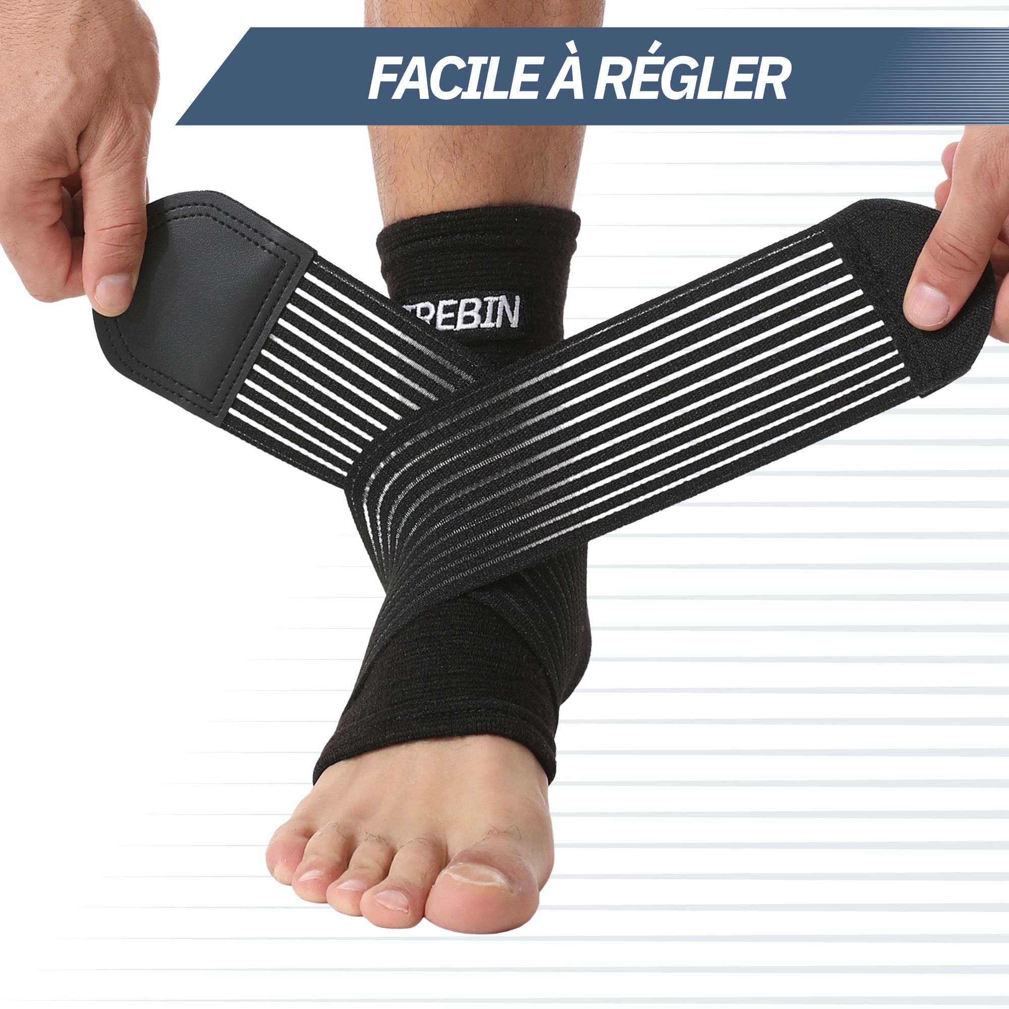 Personne ajustant une bande de cheville noire avec des attaches velcro réglables.