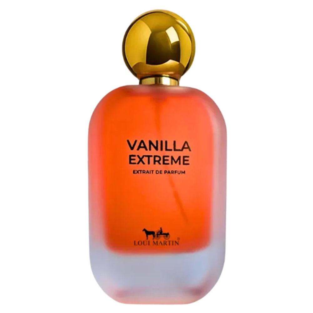 Flacon de parfum avec bouchon doré, liquide brun et base blanche. Nom du produit et logo visibles.