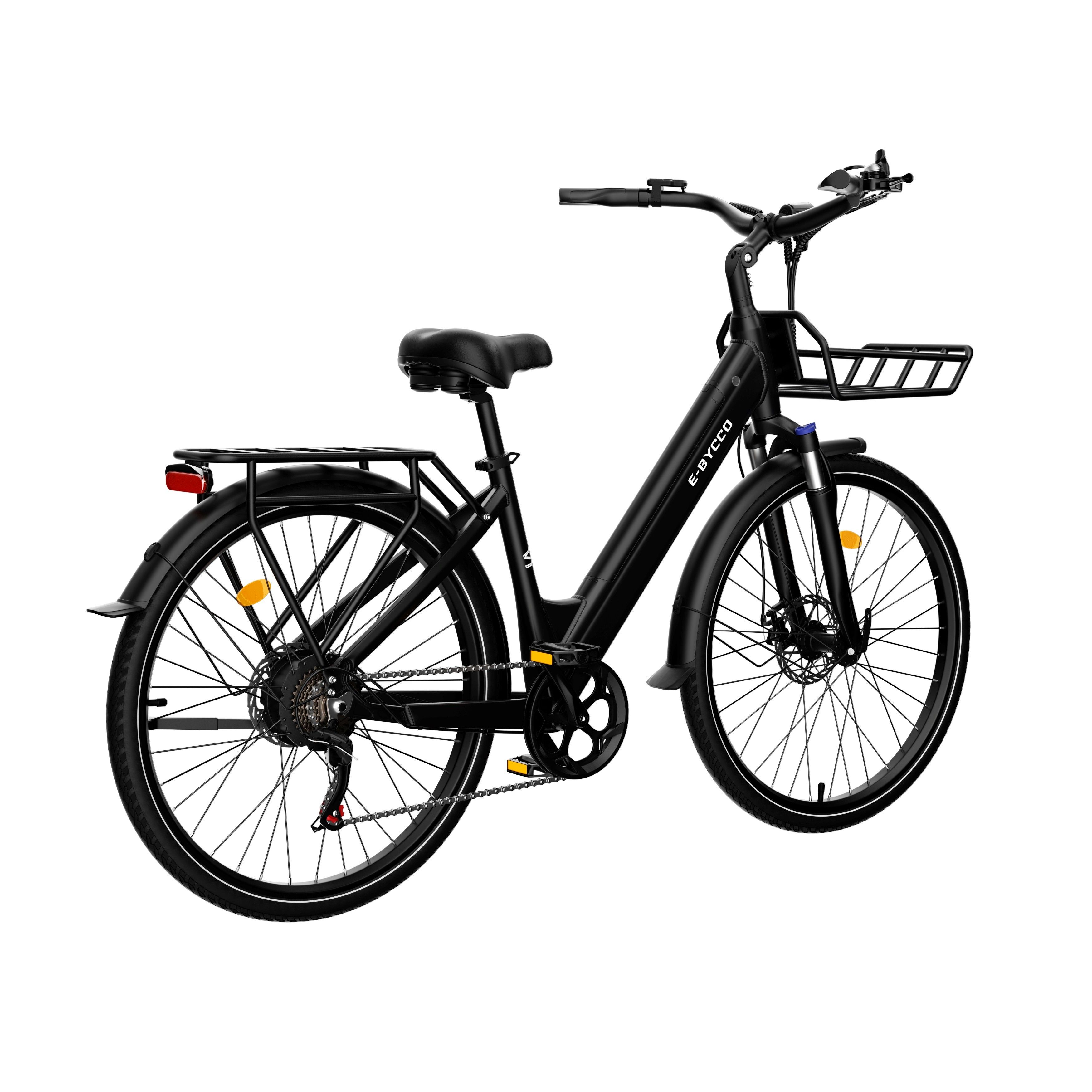Zwarte e-bike met mand en bagagedrager. Merk E-BYCCO.