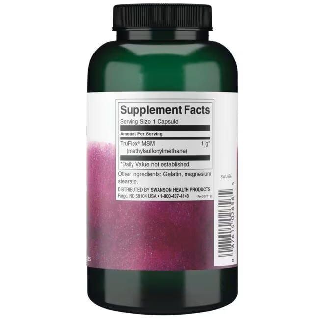 Flacon vert avec étiquette blanche. Inscriptions: Supplement Facts, TruFlex MSM, ingrédients. Vue arrière.