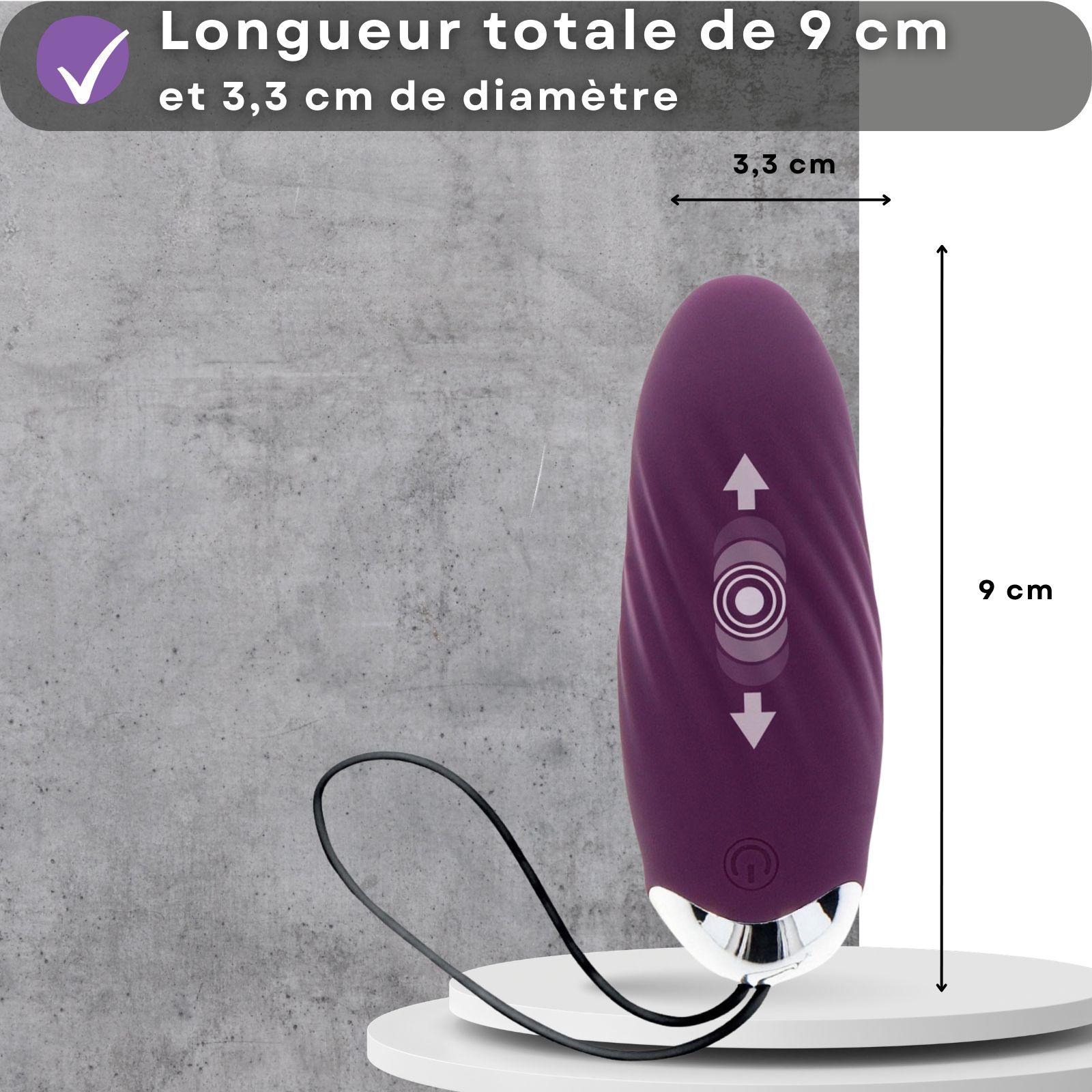 Image avec texte: Tril-oeuf, silicone et ABS, télécommande. Couple en arrière-plan.