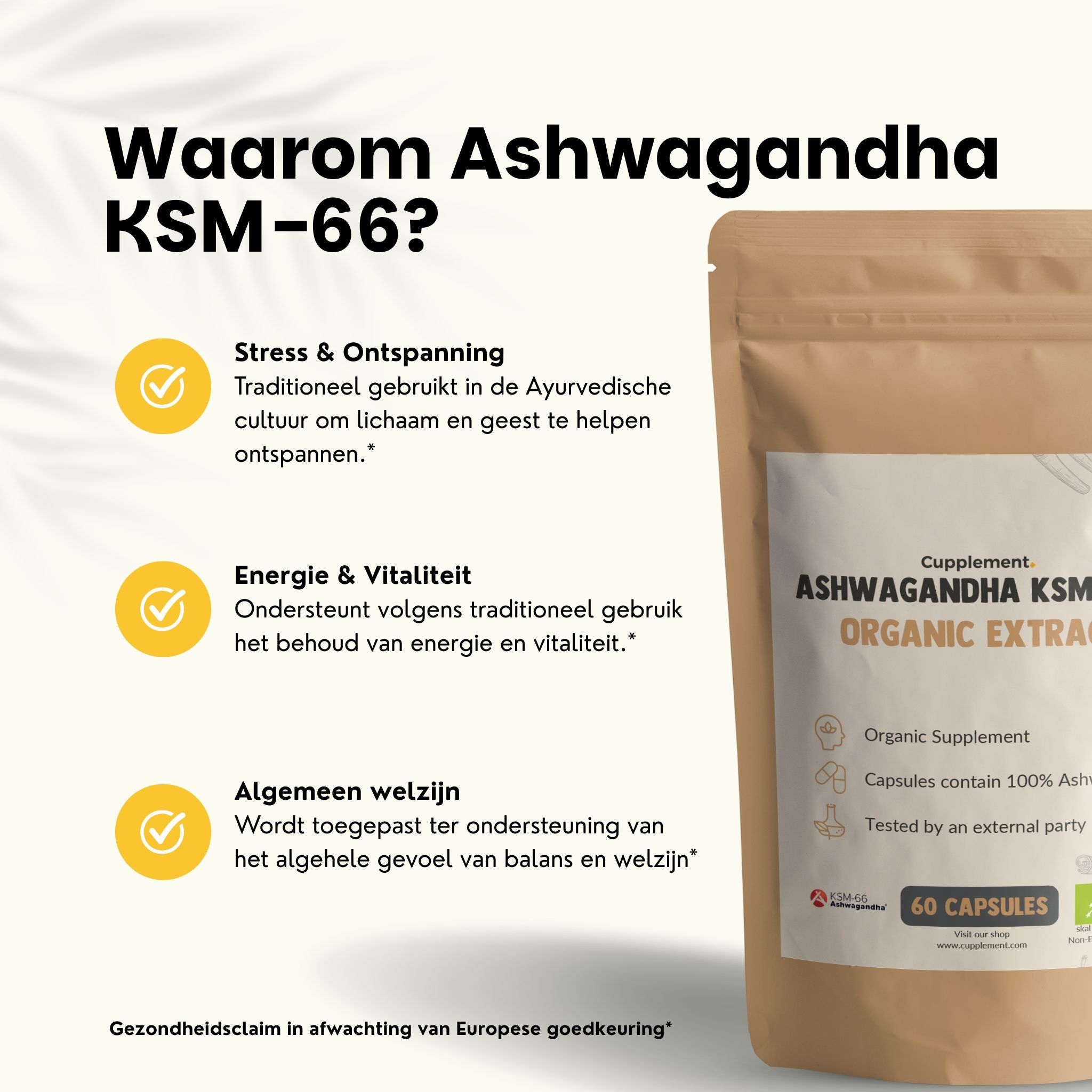 Bruine zakverpakking met opschrift: Ashwagandha KSM-66 Organic Extract. Bevat 60 capsules. Tekst over voordelen.