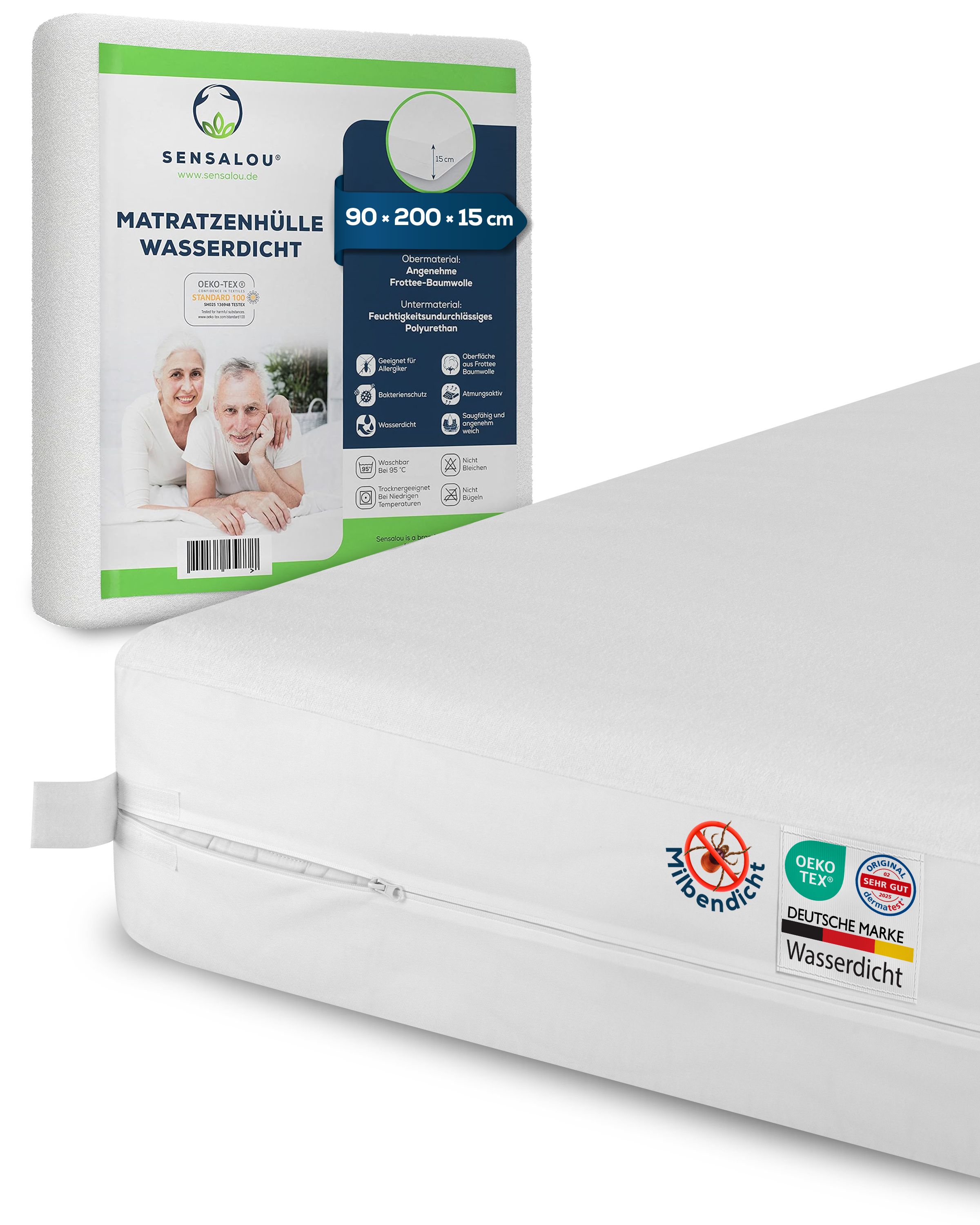 Witte matrasbeschermer met rits. Verpakking met productinformatie. Anti-mijt, waterdicht, Oeko-Tex.