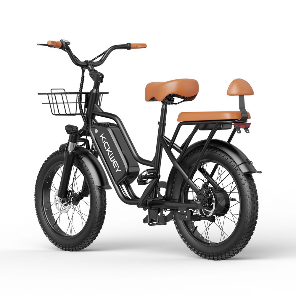 Vélo électrique noir avec selle marron et panier. Batterie avec logo KICKWEY. Vue arrière.