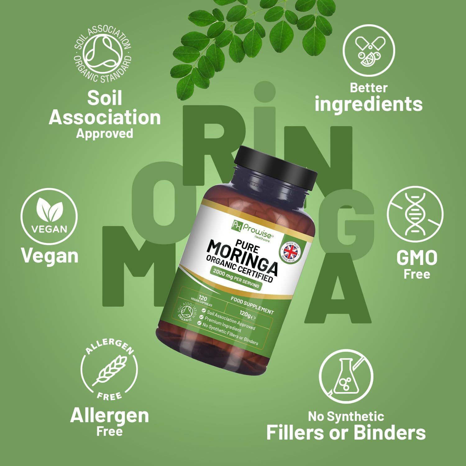 Bruine fles Prowise Moringa capsules. Opschrift: Pure Moringa Organic Certified, 120 capsules, Vegan, Allergenvrij, GMO-vrij, Soil Association Approved.