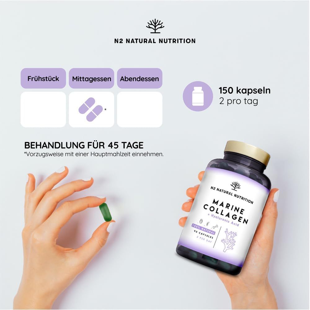 Vrouw houdt een capsule vast. Fles met capsules. Tekst: Marine Collagen + Hyaluronic Acid. 150 capsules.