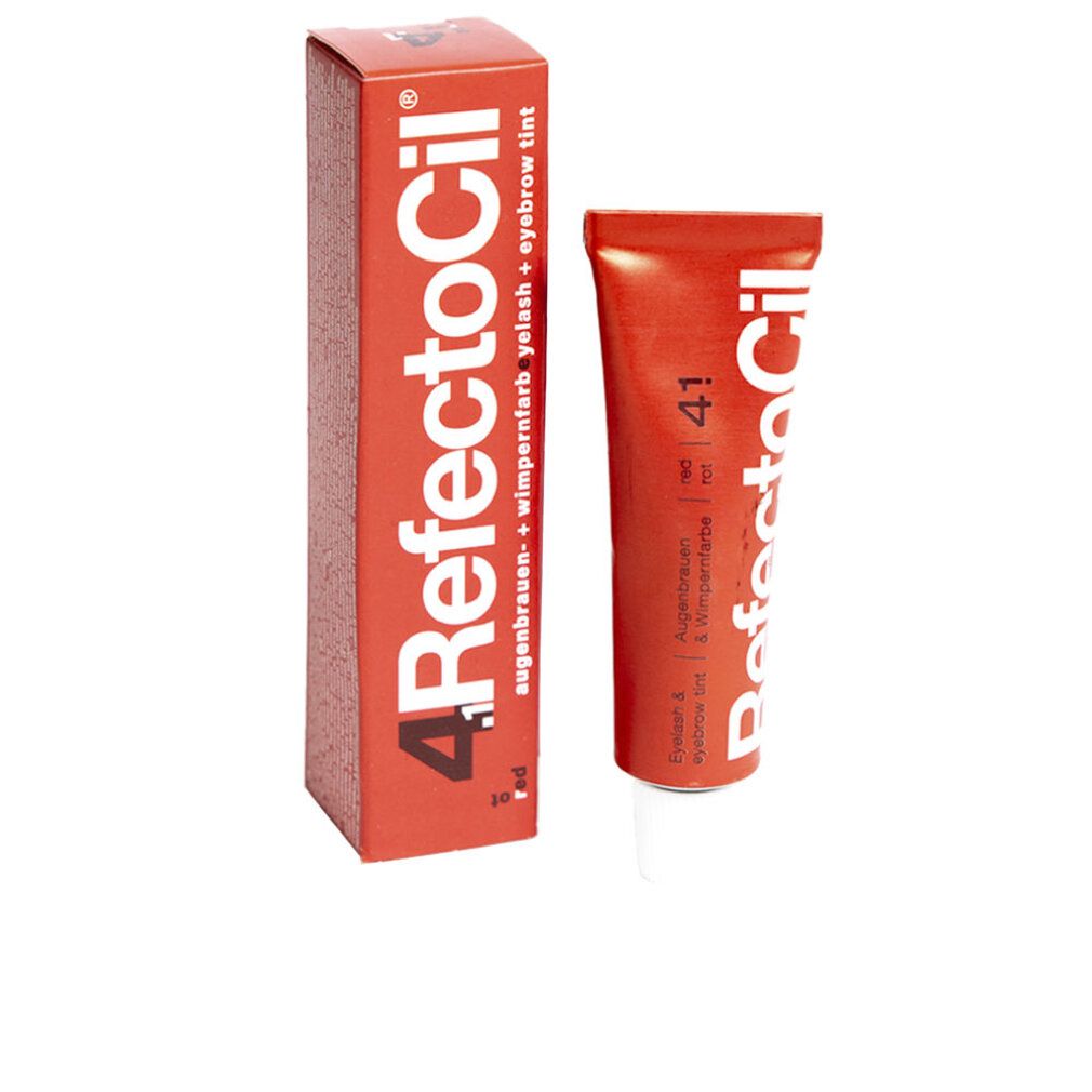 RefectoCil 4.1 wimperverf rood, tube en verpakking. Opschrift: wenkbrauw- + wimperverf.