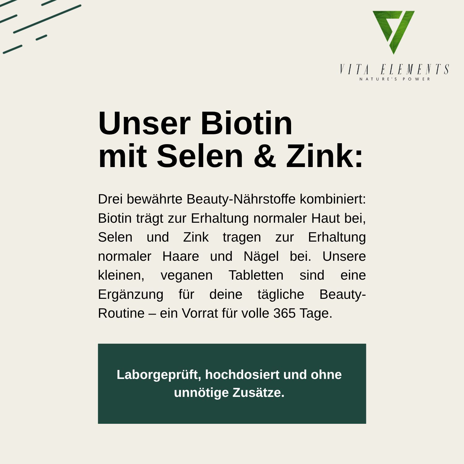 Informations sur Vita Elements Biotine avec Sélénium et Zinc : 365 comprimés vegan.