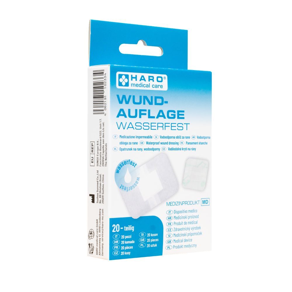 Verpakking van Haro Wundauflage wasserfest. 20 stuks. Medisch hulpmiddel. Vierkante pleisters afgebeeld op de verpakking.