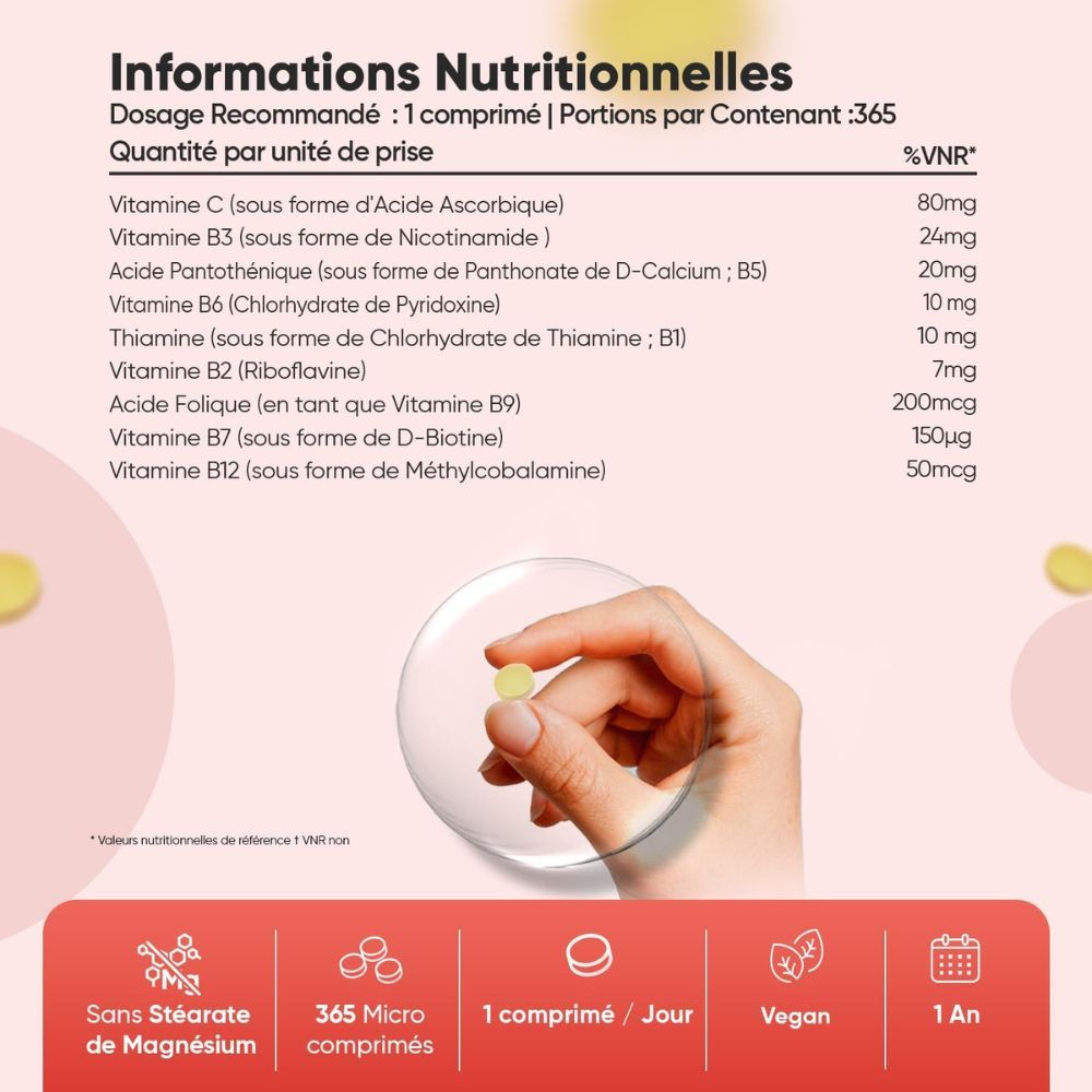 Informations nutritionnelles pour Vitamine B Complexe. Un comprimé. Contient de la vitamine C, B3, B5, B6, B1, B2, B9, B7, B12. Végétalien.