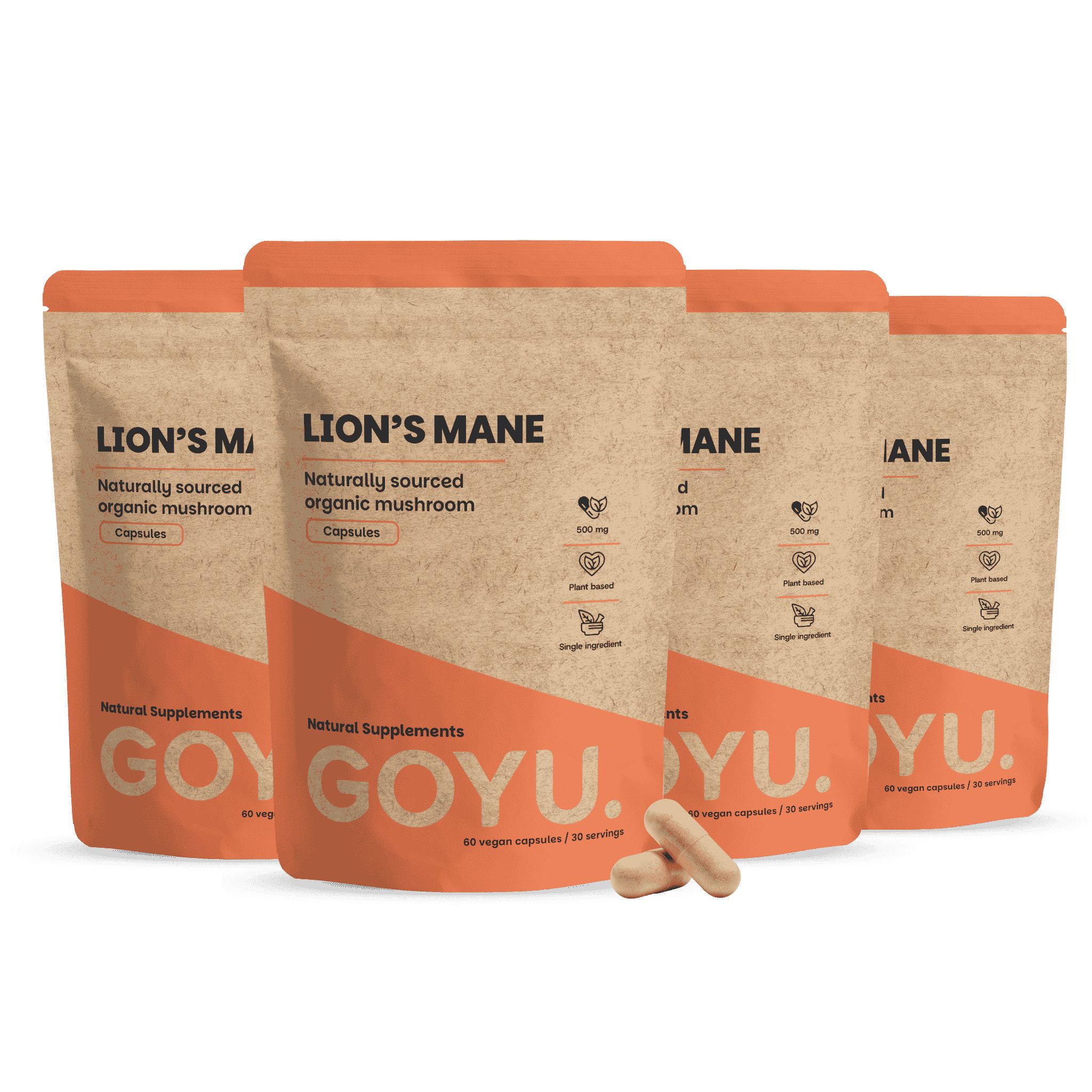Vier verpakkingen Lion's Mane capsules, bruin met oranje opdruk.