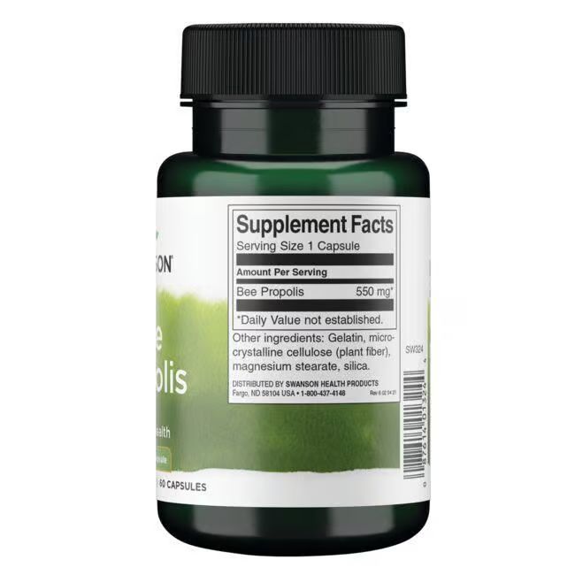 Achterkant van een groene fles met zwarte dop. Etiket met voedingswaarde-informatie: Bee Propolis, 550 mg.