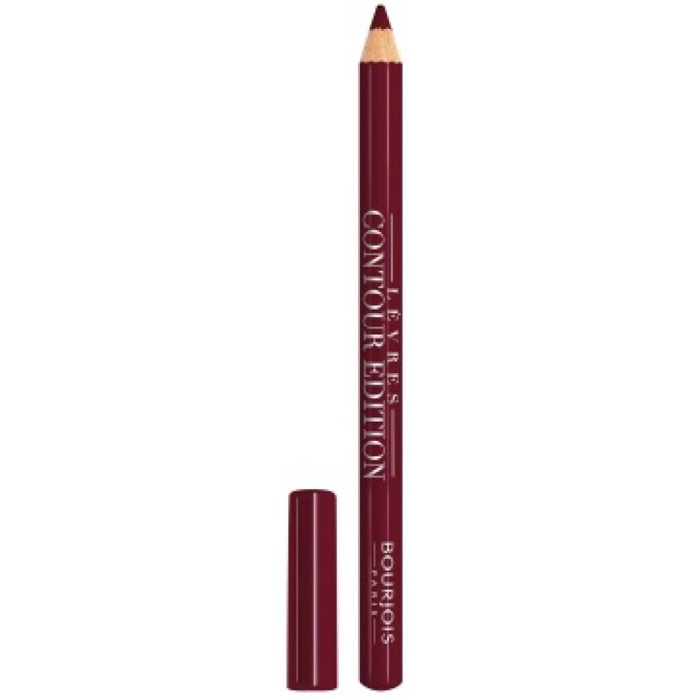 Crayon contour des lèvres rouge foncé avec capuchon séparé. Inscription "Lèvres Contour Edition" et "Bourjois".