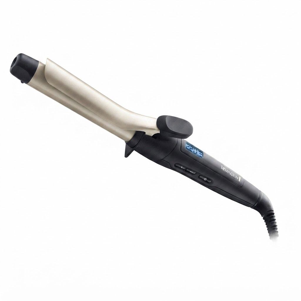 Een Remington krultang met goudkleurig verwarmingselement en zwart handvat. Digitaal display toont 220°C.