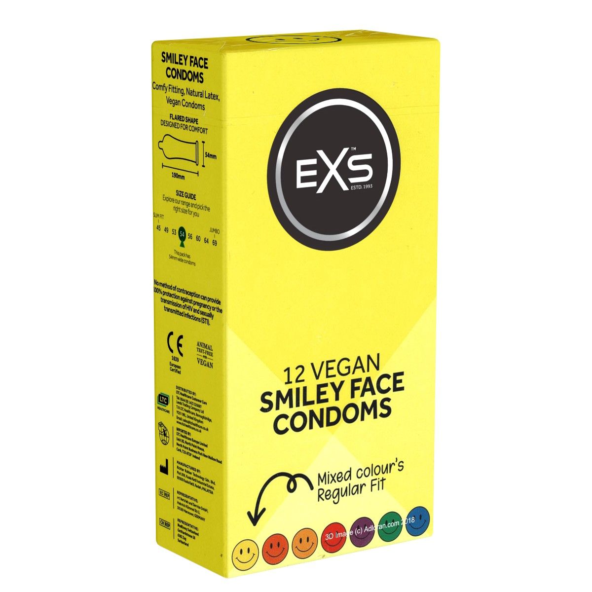 Gele doos met "EXS" logo en tekst "12 VEGAN SMILEY FACE CONDOMS". Bevat gekleurde smiley gezichten.