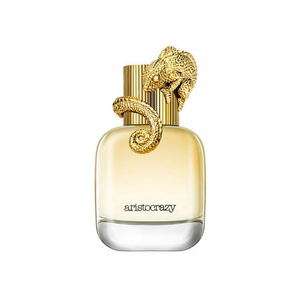 Flacon de parfum avec bouchon doré en forme de reptile. Inscription 'aristocrazy'.