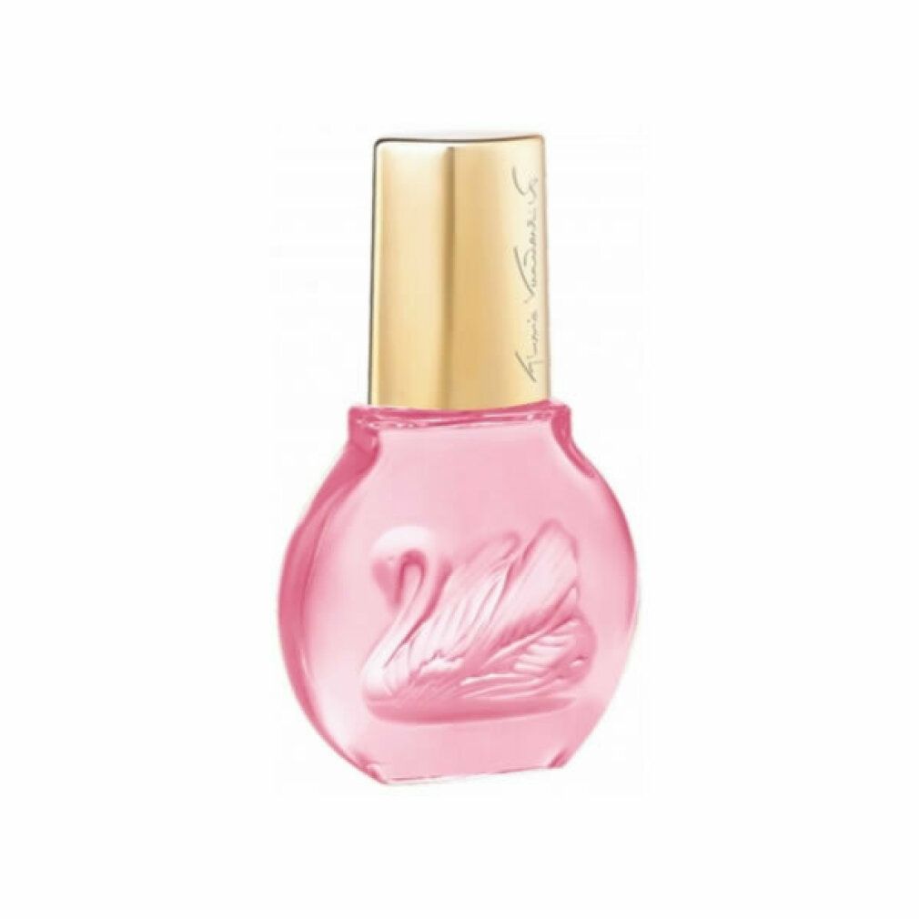 Petit flacon de parfum rose avec bouchon doré. Cygne en relief sur le flacon.