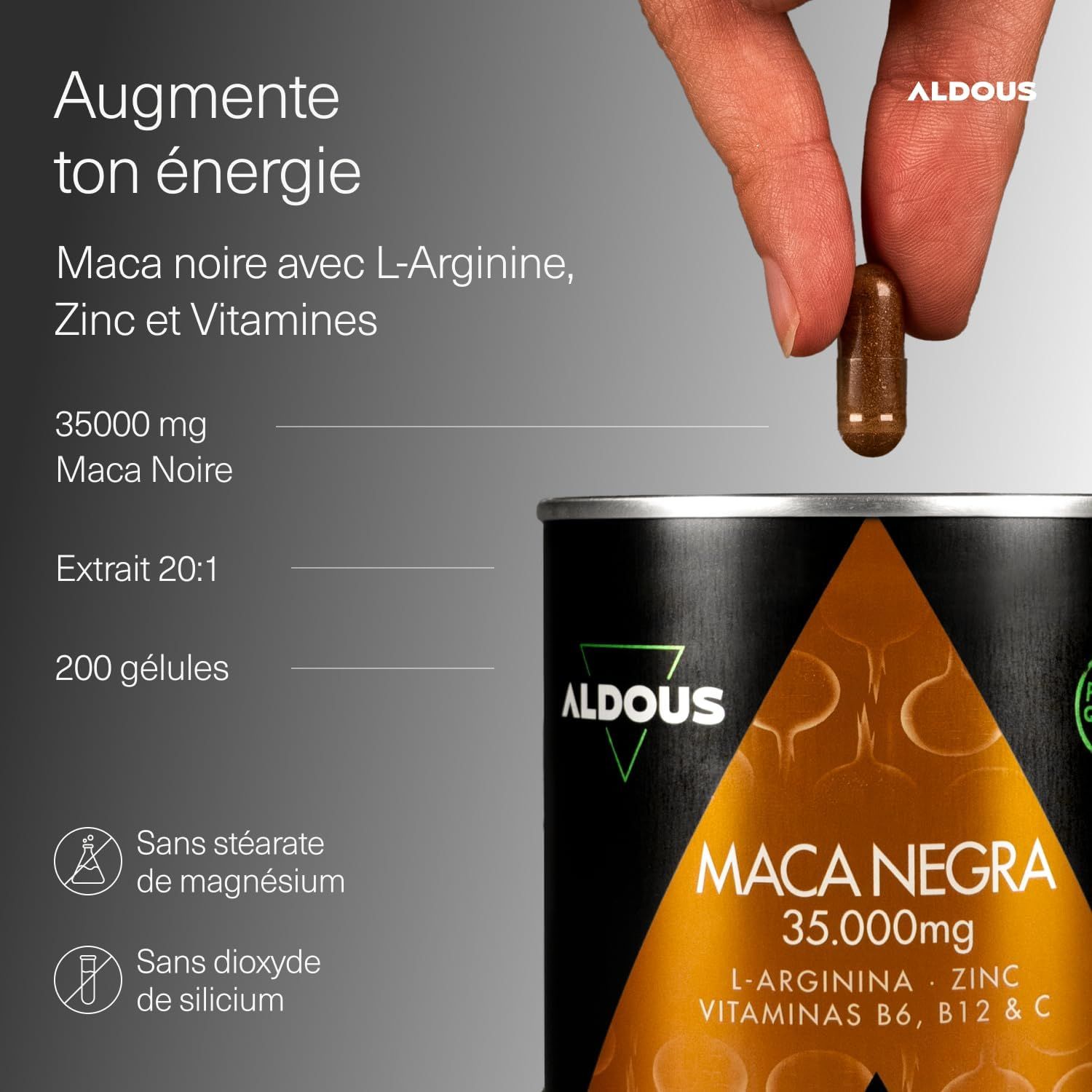 Une capsule brune avec logo Aldous tenue au-dessus d'un contenant marqué 'Maca Negra'.
