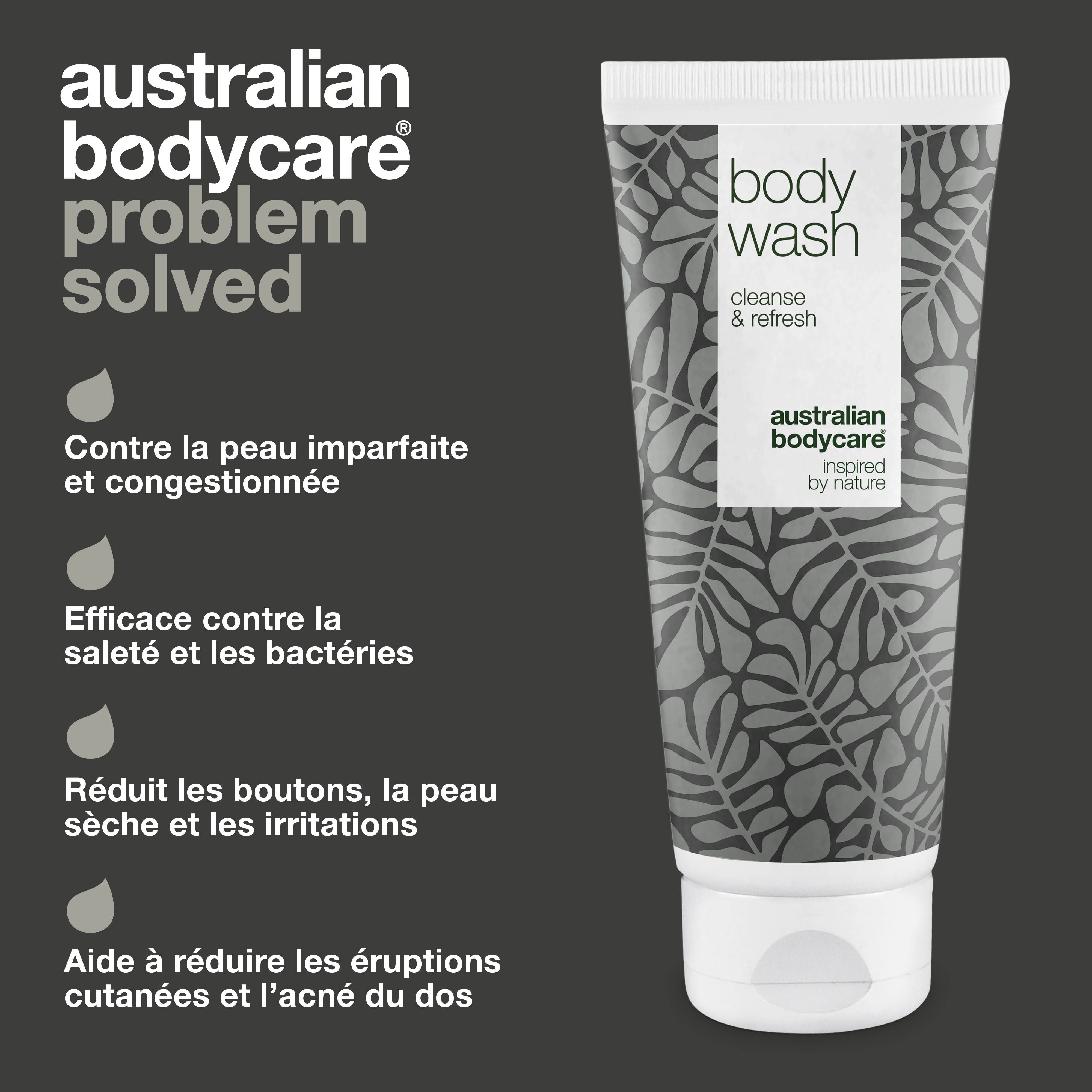 Comparaison : problème et solution. Tube avec inscription "Body Wash". Marque : Australian Bodycare.